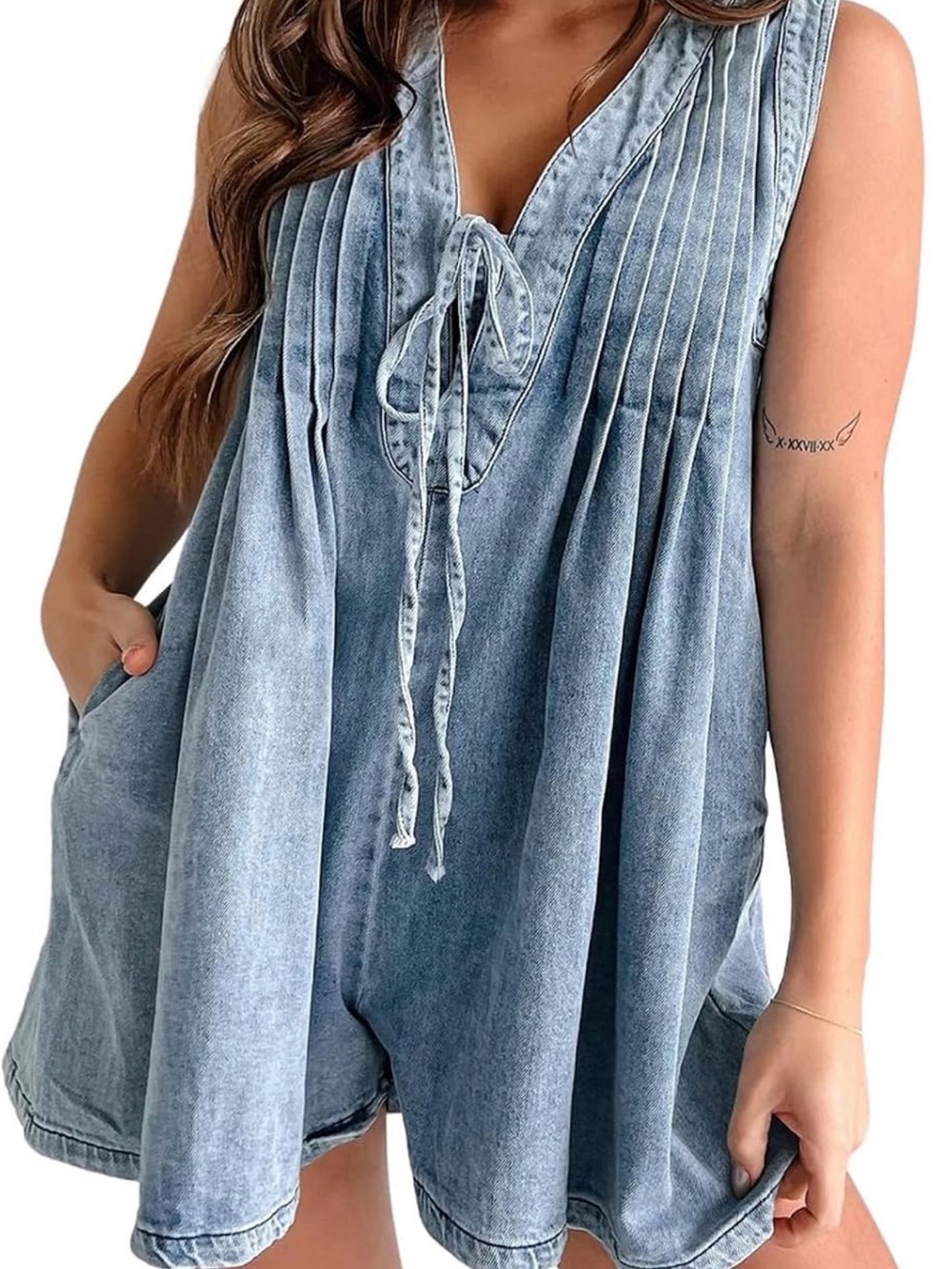 Amazon Light Blue Washed Denim Tie-Front Romper